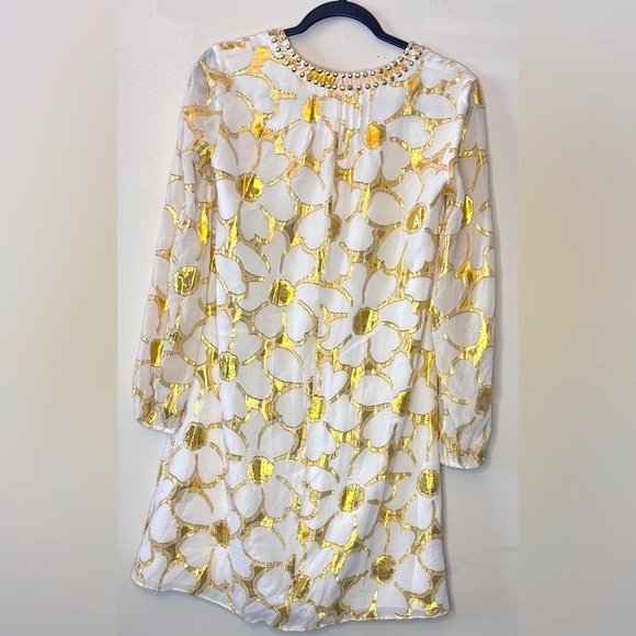 Lilly Pulitzer Silk White and Gold Metallic Floral Dress, Size 2 - Picture 5 of 9